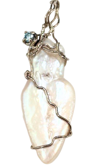 14K Palladium White .130ctw faceted natural heated Blue diamond 35x15mm BIWA pearl pendant 