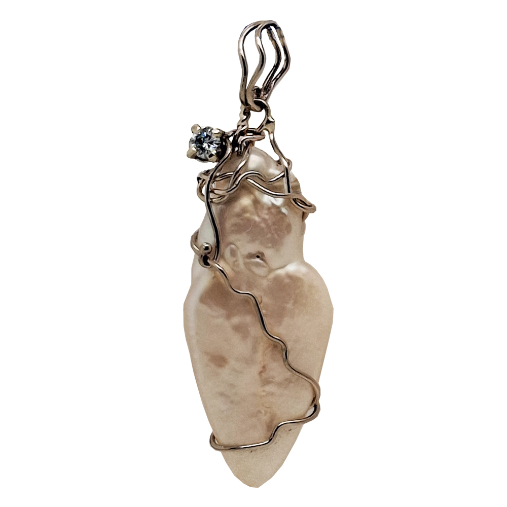 14K Palladium White .130ctw faceted natural heated Blue diamond 35x15mm BIWA pearl pendant 