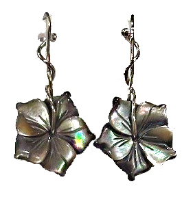 14K W 15mm hand carved black Mother of Pearl Tahitian shell flower twist french wire earring made by Carol Kessler for JBG Legacy.