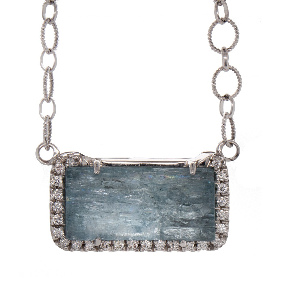 14K W 18.5 fancy circle chain 12.19ctw Raw Aqua .25ctw accent diamond necklace by Frank Reubel.