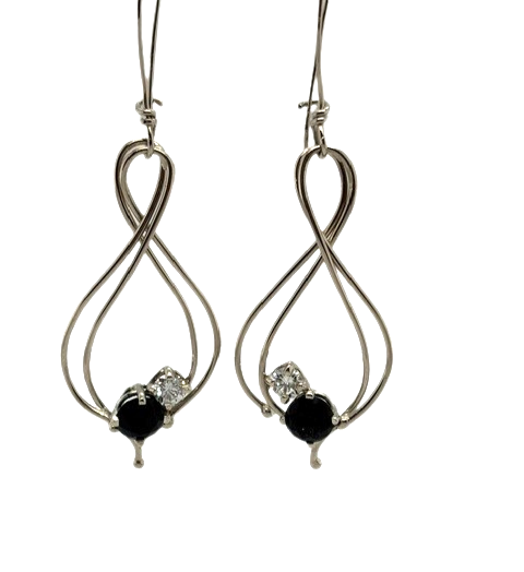 14K W 4.7mm round black onyx .20ctw round faceted G, VS2 diamond whimsy dangle earrings made by Carol Kessler for JBG Legacy