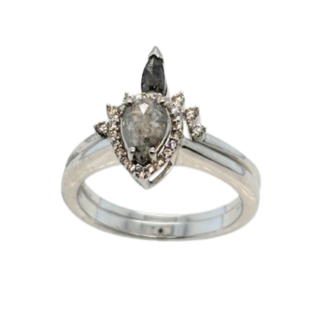 14K W .91cttw pear faceted salt/pepper diamond ring and matching band size 7 by Aiya Designs.