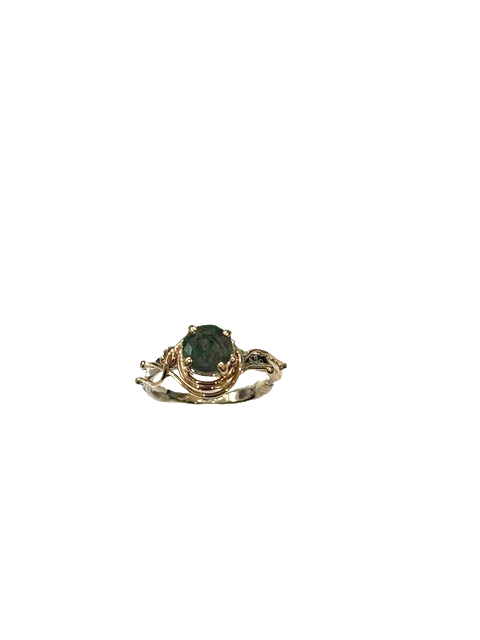 14K YW 7mm round faceted Moss Agate torch fusion band ring size 8.250 made by Carol Kessler for JBG Legacy 