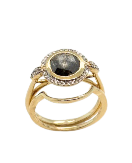 14K Y 1.12cttw rose cut round faceted salt/pepper diamond ring with companion band size 7 by Aiya Designs.