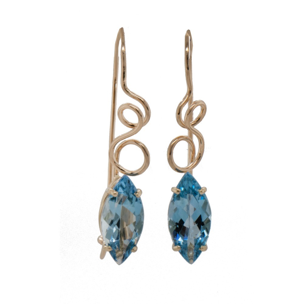 14K Y 3.35ctw 13 x 6mm Marquis faceted Aquamarine scroll design locking french wire earrings made by Eric Fewox for JBG Legacy 
