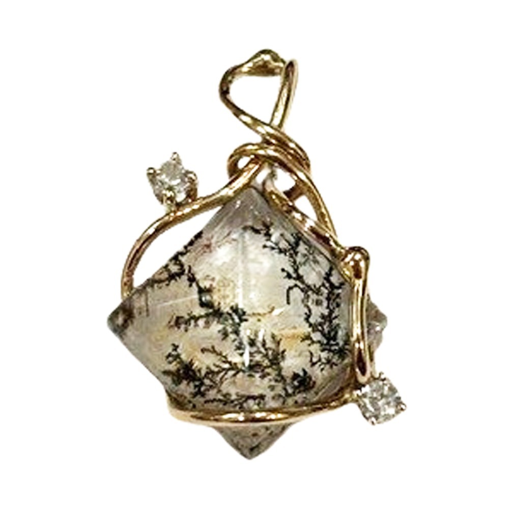 14K Y 4.17ct Dendritic Quartz with 2 round faceted 2mm Zircon seaweed pendant made by Anna Doll Designs for JBG Legacy 