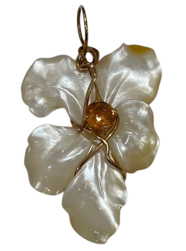 14K Y .55ctw 6mm round faceted orange mexican fire opal, 34.20ctw 38.1mm x 28.3mm hand carved mother of pearl flower vine wrap style pendant.