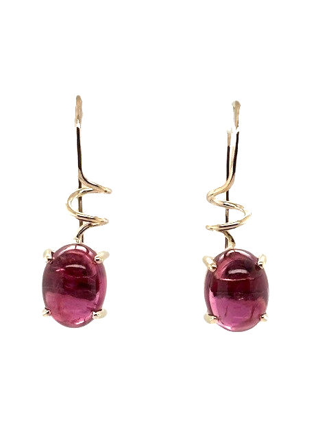 14K Y 5.10ctw oval cabochon Pink Tourmaline locking drop earring made by Eric Fewox for JBG Legacy.
