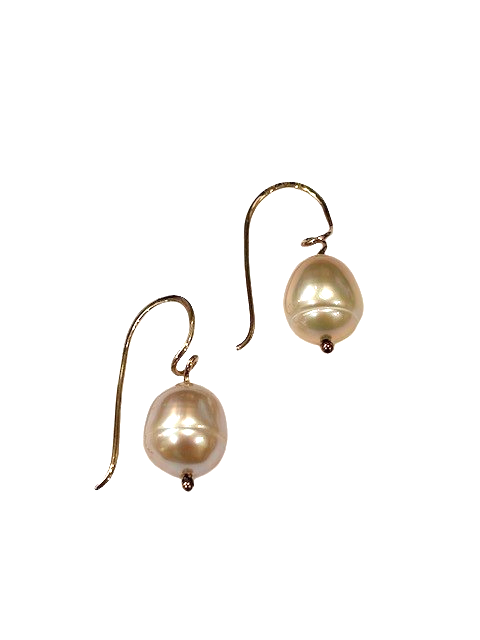 14K Y 9x11mm Peach freshwater pearl french wire earrings with light seaweed design.