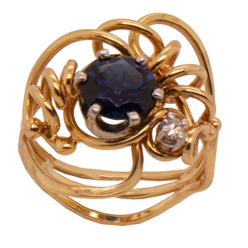 14K Y & W 1.24ctw medium dark, vivid, violetish blue Sapphire and 2mm VS diamond accent, coil and seaweed size 6 ring, Gail's personal piece.