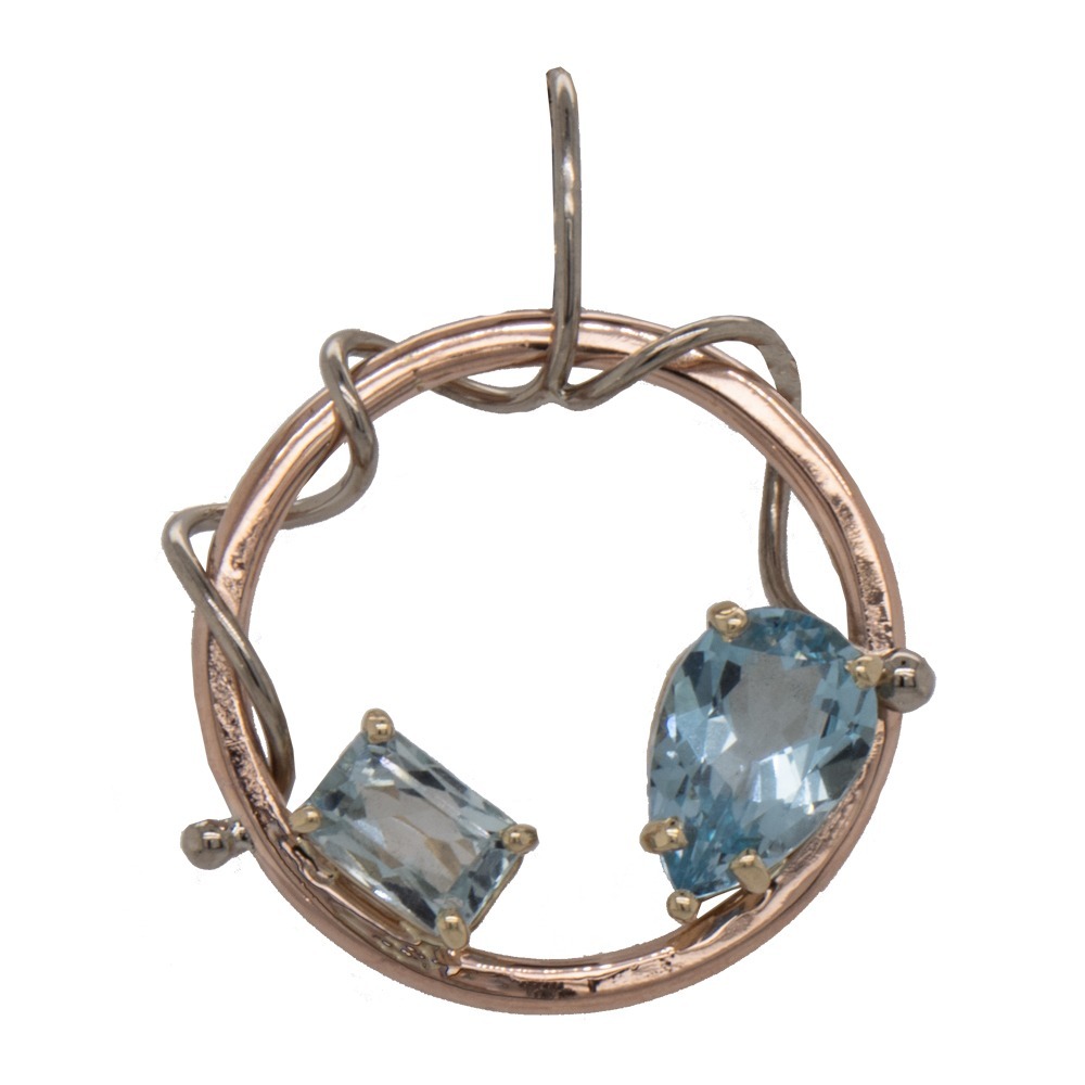 14K Y W R .52ctw emerald faceted cut Aquamarine, 1.49ctw pear faceted cut Sky Blue Topaz seaweed circle pendant made by Eric Fewox for JBG Legacy