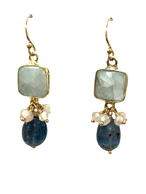 14K gold filled Ocean Waves Kyanite, Aquamarine bezel, Taupe Chalcedony dangle french wire earrings made by Anne Vaughan
