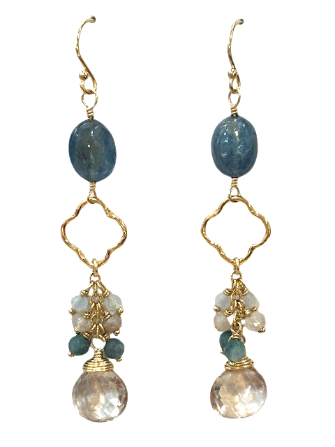 14K gold filled Ocean Waves Taupe Chalcedony, Kyanite, Blue tourmaline dangle french wire earrings made by Anne Vaughan