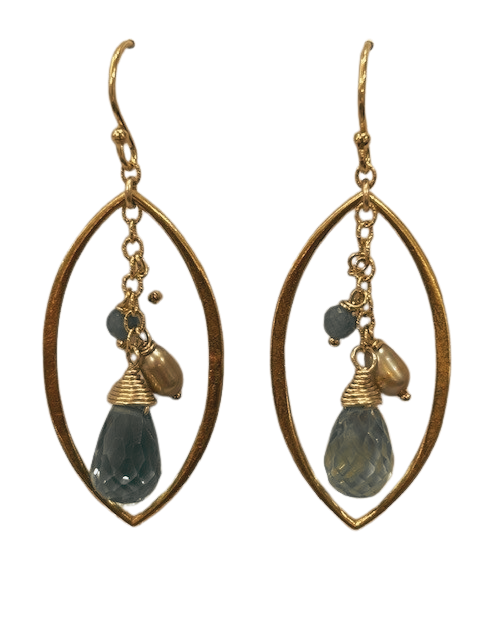 14K gold filled Ocean Waves Blue Quartz, Freshwater Pearl, Blue Tourmaline dangle french wire earrings made by Anne Vaughan