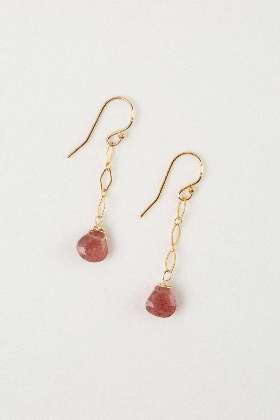 14K gold filled Strawberry Quartz Briolette dangle french wire earrings made by Anne Vaughan
