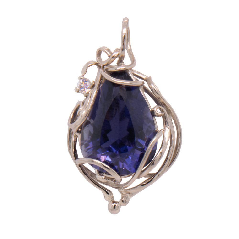 14k palladium white 6.19ct pear shaped Iolite, 0.05ct Diamond endless loop ribbon curl pendant