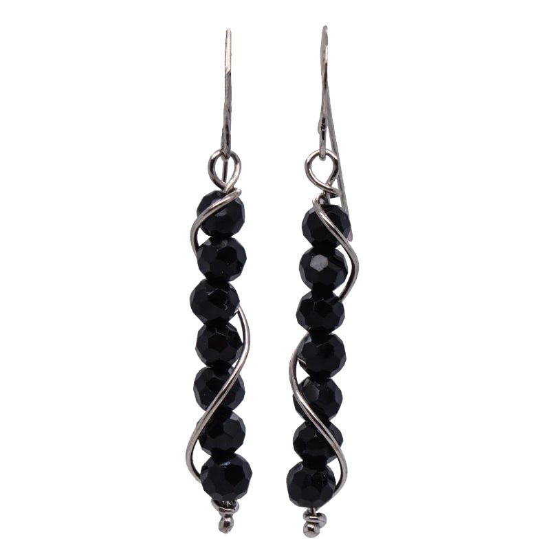 14k palladium white seven 4mm faceted Black Spinel spiral dangle french wire earrings by Carol Kessler for JBG Legacy.