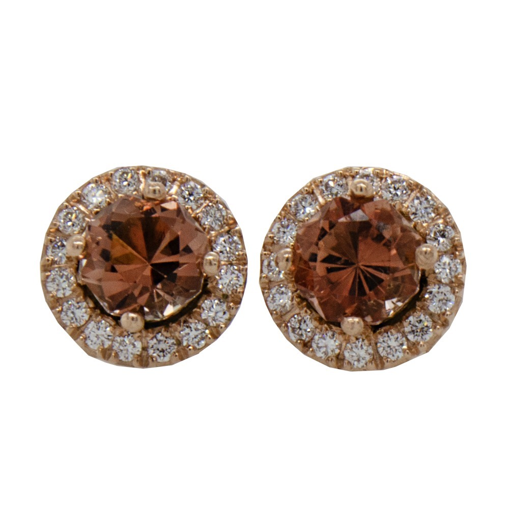 14k rose 1.55ct tw Oregon Sunstone surrounded by 0.32ct tw Diamonds halo style stud earrings