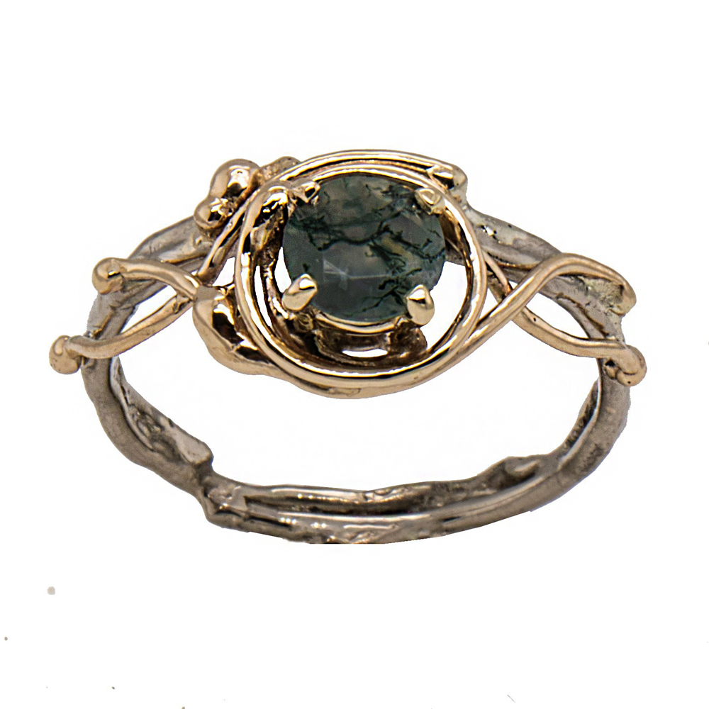 14k y & w .65ct. round faceted Moss Agate torch fusion and simple seaweed ring, made by Carol Kessler and Anna Doll Designs for JBG Legacy