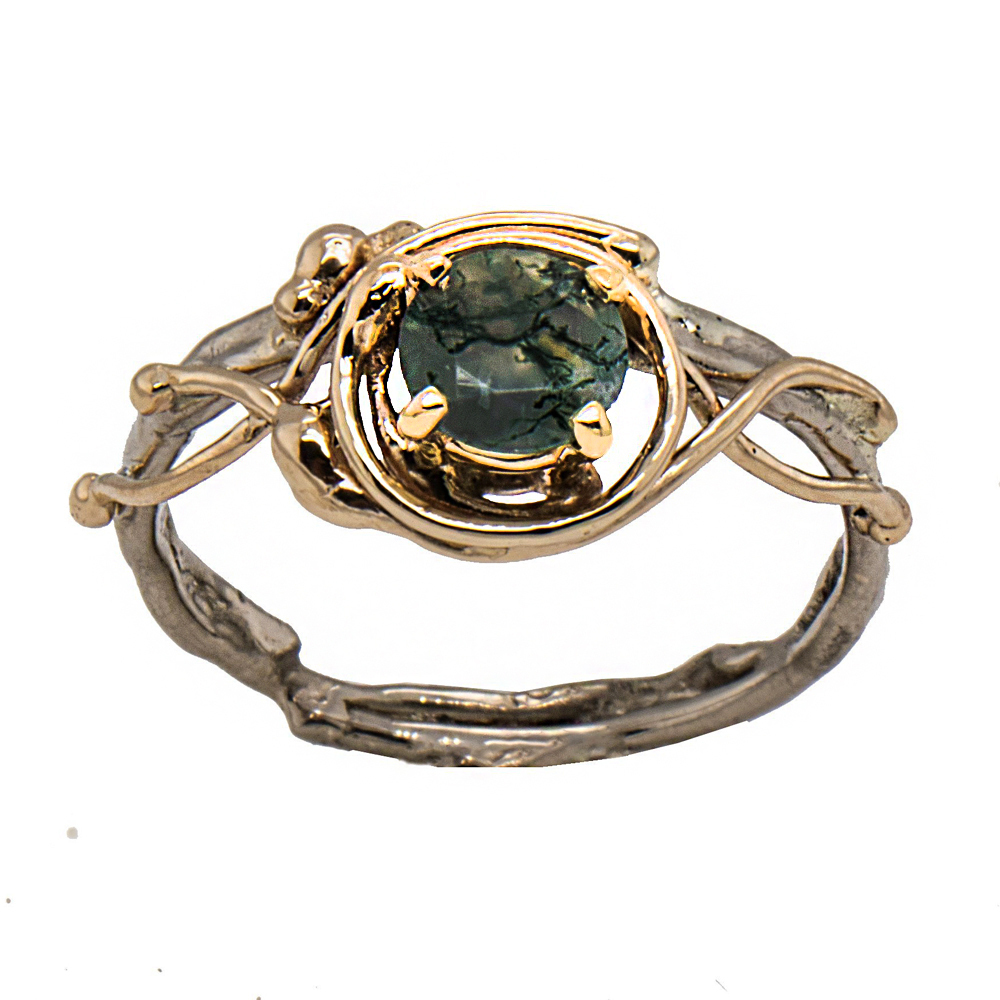 14k y & w .65ct. round faceted Moss Agate torch fusion and simple seaweed ring, made by Carol Kessler and Anna Doll Designs for JBG Legacy