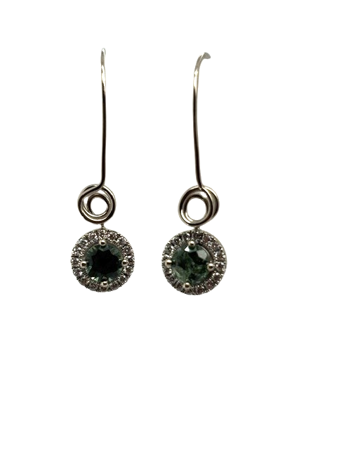 14kw 1.30ct tw heated Montana Sapphire surrounded by 0.32ct tw Diamonds halo style swirl drop earrings with locking backs