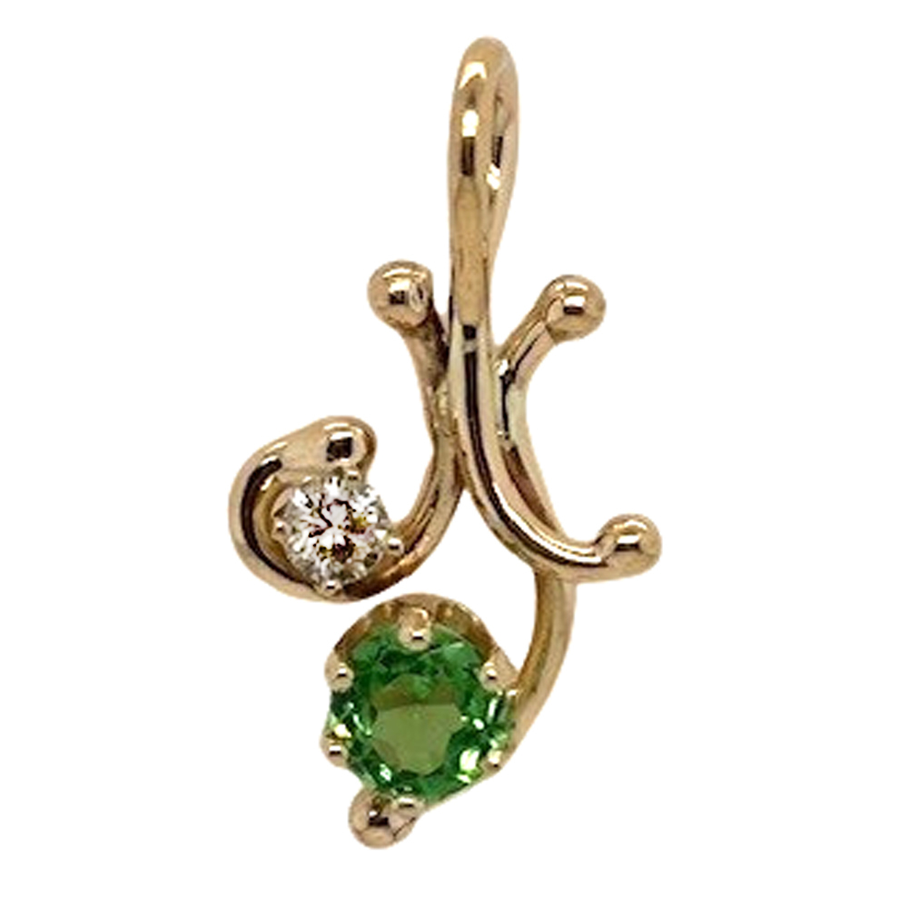 14ky 0.64ct Tsavorite Garnet with 0.12ct Diamond stylized Fleur-De-Lis Pendant