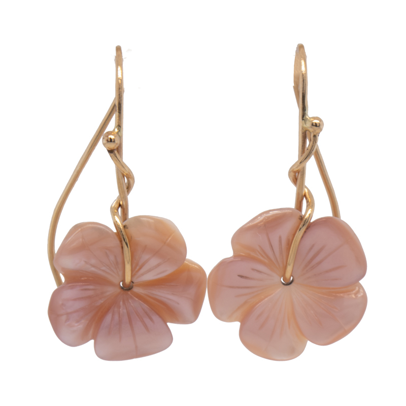14ky 15mm Pink Mother of Pearl carved flower twist french wire earring made by Carol Kessler for JBG Legacy.