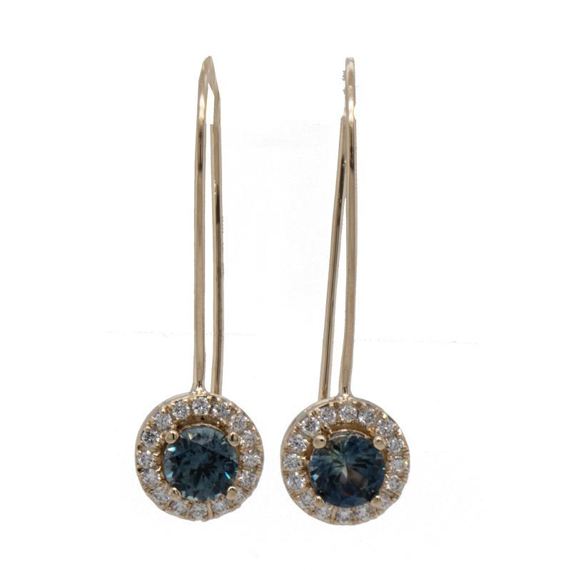 14ky 1.30ct tw heated Montana Sapphire surrounded by 0.32ct tw Diamonds halo style locking french wire earrings