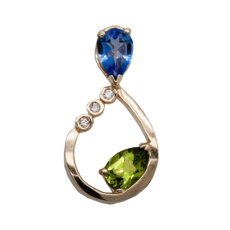 14ky 1.5ct Kashmir Blue Topaz, 1.5ct Peridot and 0.15ct tw Diamonds tear drop hidden bail pendant by Frank Reubel