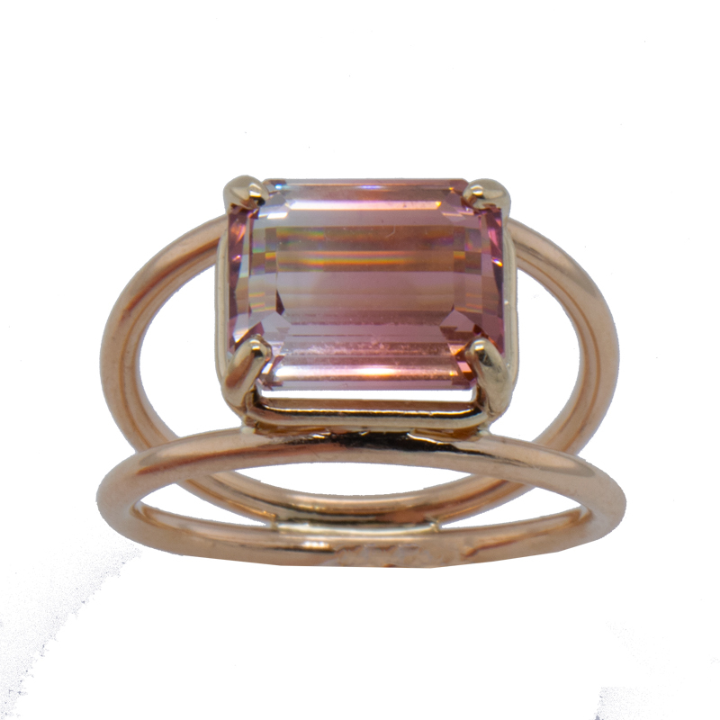 14ky 5.12ct Bi-color peach/pink Tourmaline double circle ring