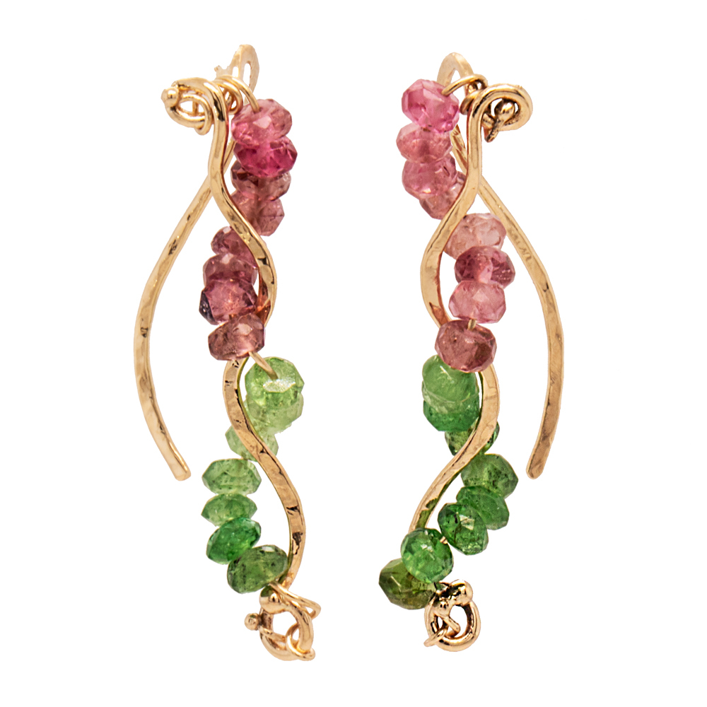 14ky faceted 3mm beads of Watermelon Tourmaline wave twist drop earrings made by Carol Kessler for JBG Legacy.