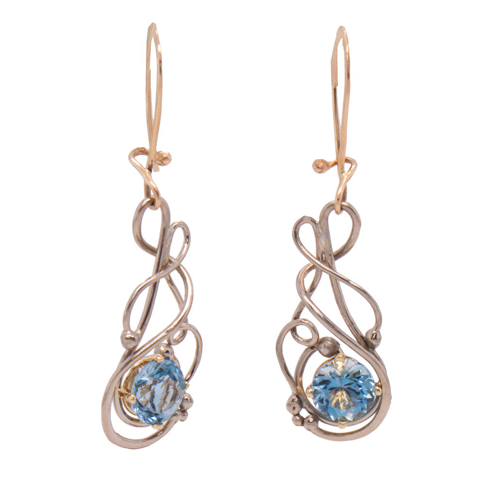 14ky & palladium white 1.72ct tw Swiss Blue Topaz complex seaweed kidney wire earrings 