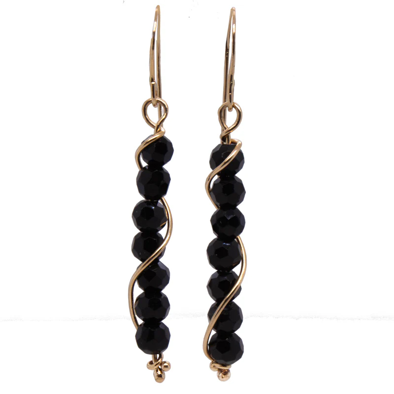 14ky seven 4mm faceted Black Spinel spiral dangle french wire earrings by Carol Kessler for JBG Legacy