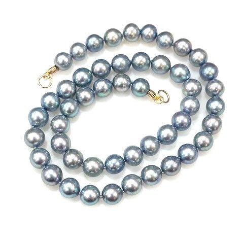 16 14K Y 7.5-8mm TOGA Natural Blue Pearls hand knotted silk beaded necklace with JBG clasp. 