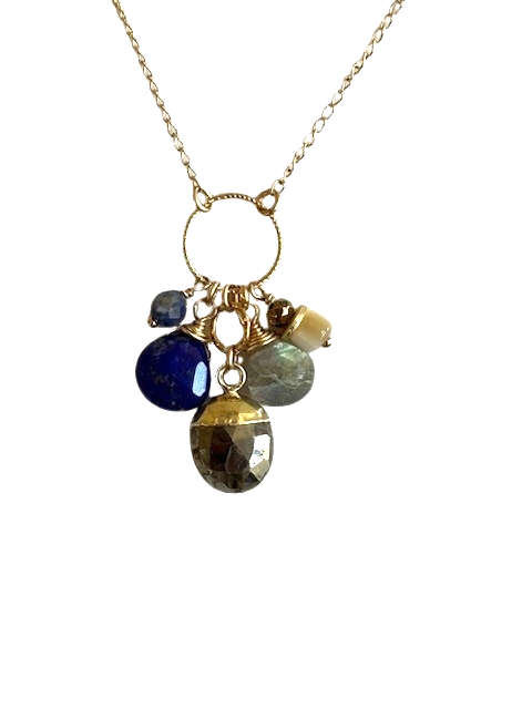 16.5 - 18.5 14K gold filled Lapis, Labradorite, Sodalite, Mother of Pearl Cluster necklace made by Anne Vaughan 