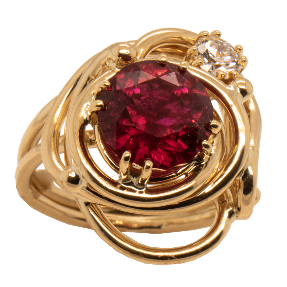 18K 3.32ctw round faceted Rubellite Tourmaline .34ctw D, VS1 round natural diamond complex JBG seaweed ring size 8 1/2.