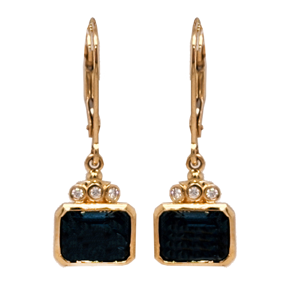 18K Y faceted emerald cut London Blue Topaz with accent DIamond lever back earrings.