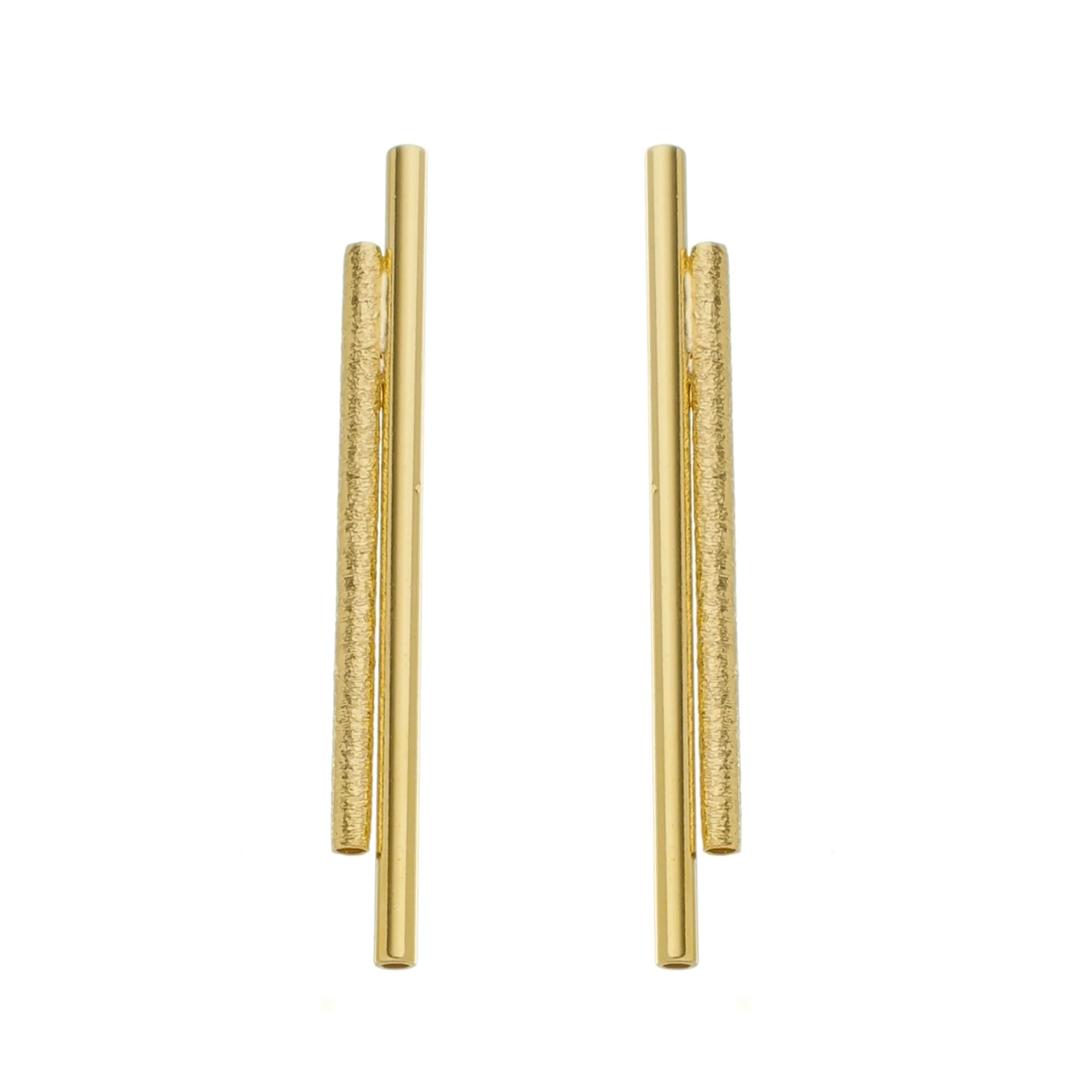 18K gold plated 2 stick, 1 polished and 1 brushed post earrings by Sai Brazil