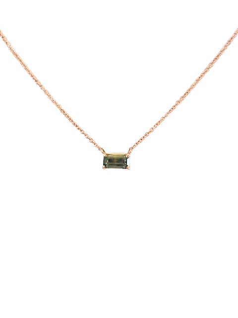 18 14K Rose .7ct 4 x7mm Emerald cut faceted unheated Montana Sapphire necklace 