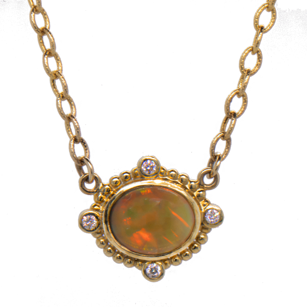 18 14K green gold 10x8mm 3.5ctw Black Opal .08pts Diamond Pendant necklace by Raymond Mazza.