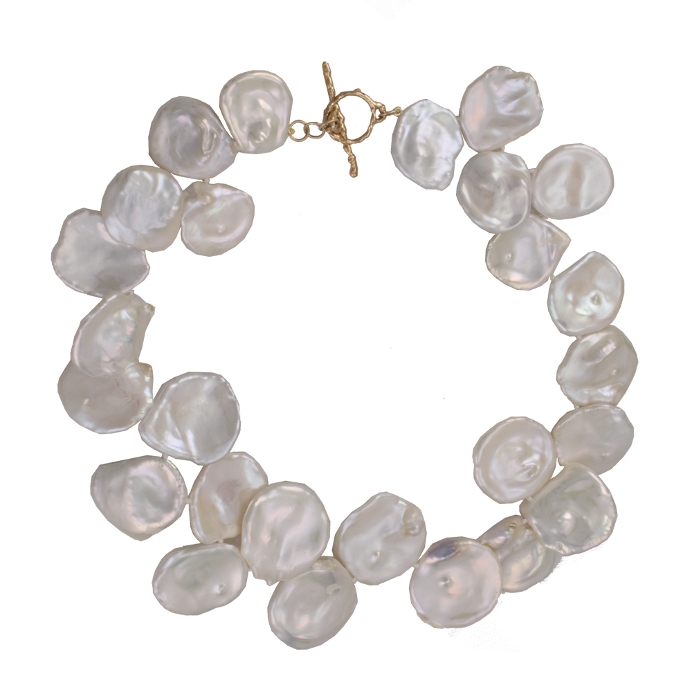 18 14ky 20-29mm graduated white Keshi petal pearl necklace, torch fusion toggle clasp