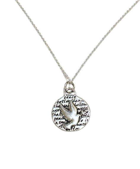 18 Sterling Silver 15mm Dove peace disc pendant necklace made by Kevin N Anna.