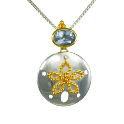 18 Sterling Silver and 22K Gold Vermeil Blue Topaz Cabochon Sand Dollar pendant/necklace made by Michou