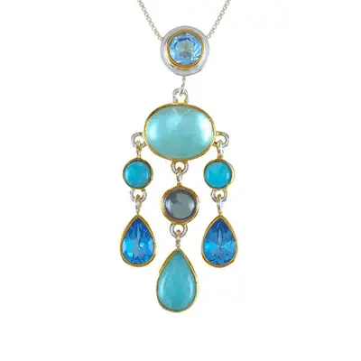 18 Sterling Silver and 22K Gold Vermeil Pendant with Amazonite, Amazonite + checkerboard cut crystal quartz+ Mother of Pearl, Baby Blue Topaz and Sky Blue Topaz made by Michou 