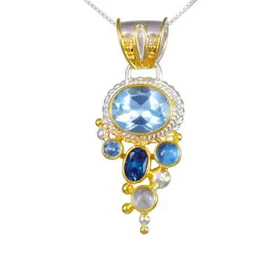 18 Sterling Silver and 22K Gold Vermeil Pendant with Baby Blue Topaz, London Blue Topaz and Sky Blue Topaz necklace made by Michou 
