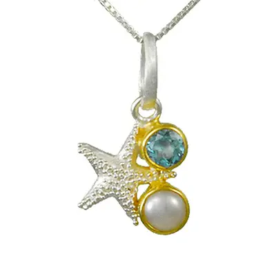 18 Sterling Silver and 22K Gold Vermeil Pendant with Baby Blue Topaz and White Freshwater Pearl necklace by Michou 
