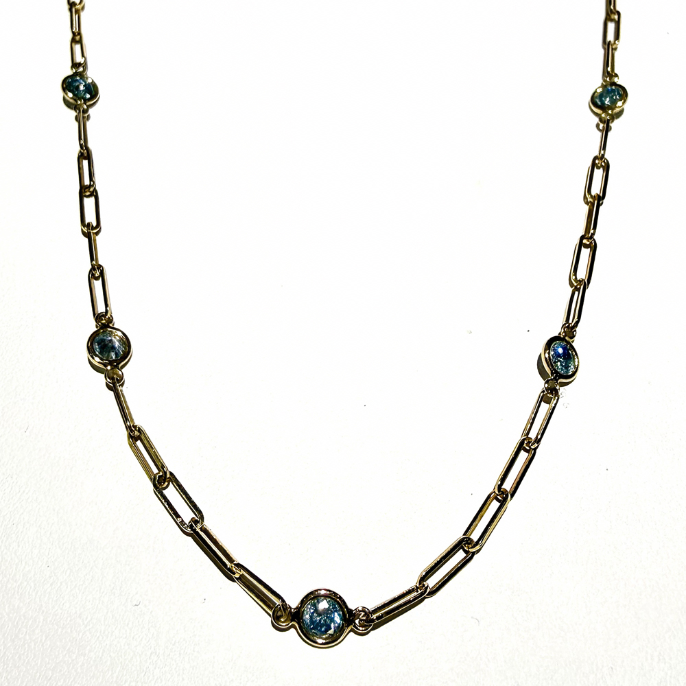 18 inch 14KY Blue Diamond HP/HT (high pressure heat treated) paperclip station necklace