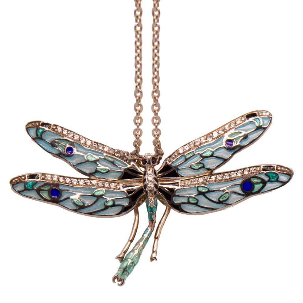 18 s.s. blue plique-a-jour enamel dragonfly with white & blue sapphires adjustable necklace by Nicole Barr