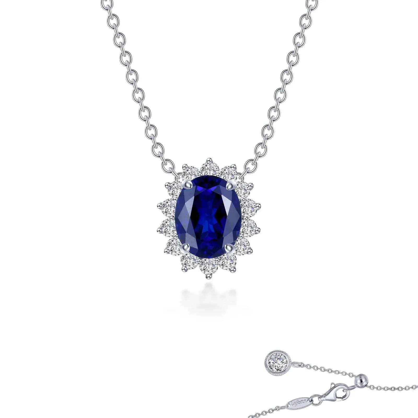 20 adj Sterling Silver Platinum 3.35ctw labgrown oval halo Blue Sapphire necklace made by Lafonn