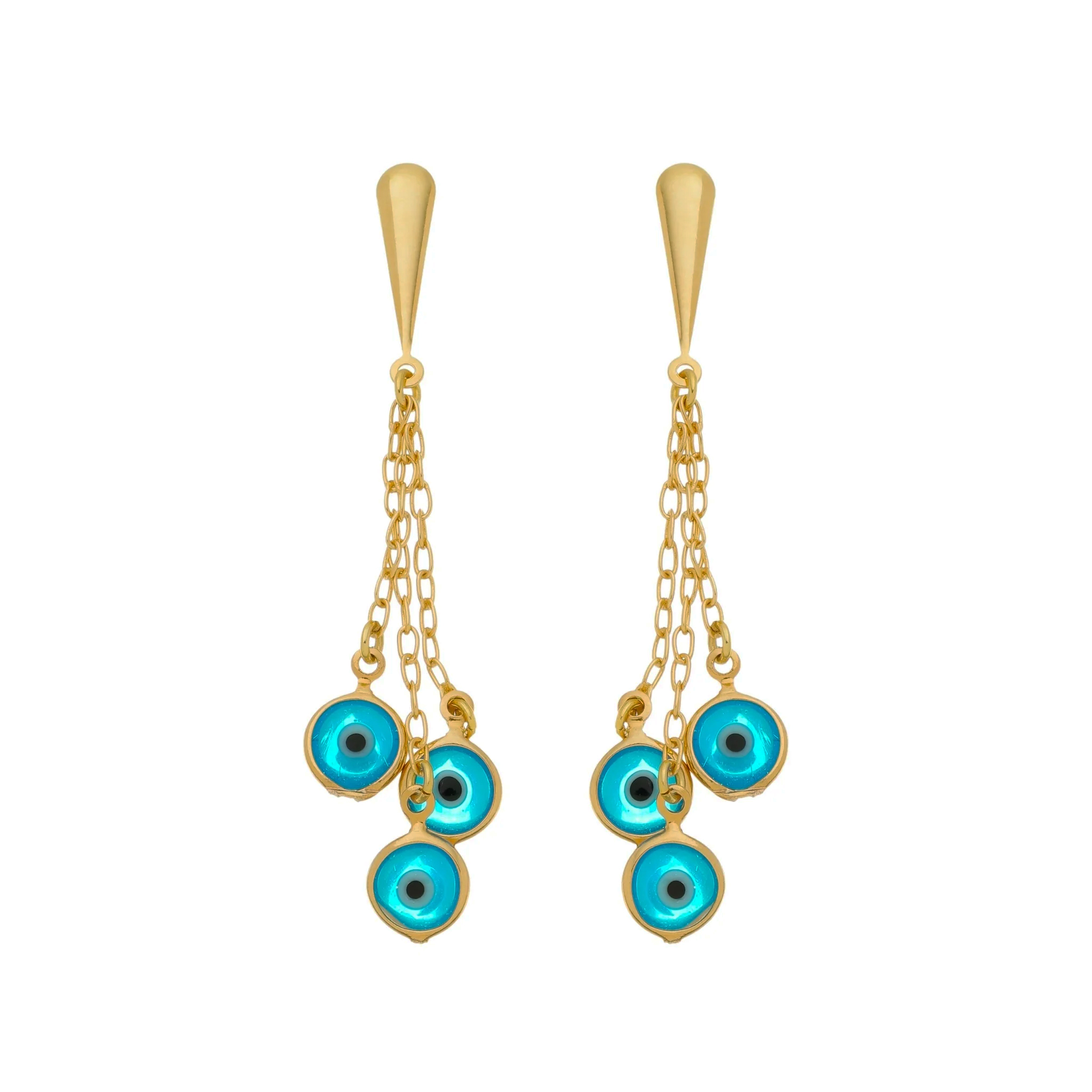 2 18K gold plated blue evil eye chain drop post earring by Sai Brazil